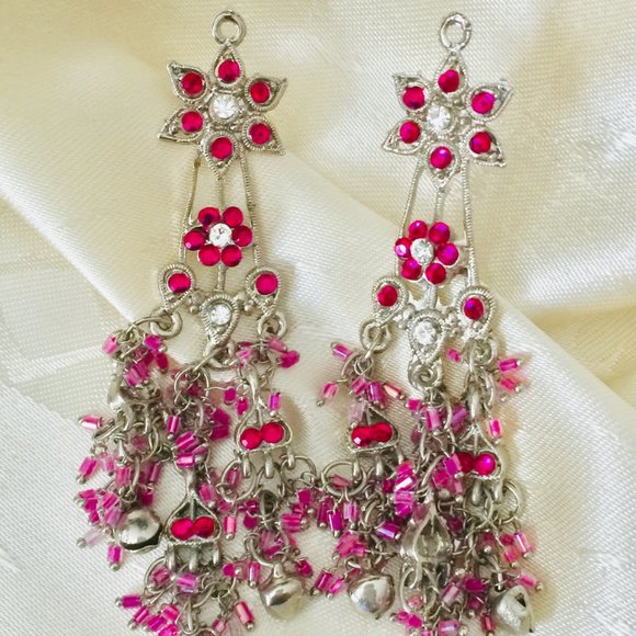 Pink Silver Star Shaped Multi layered Rhinestone Long Earrings - Fashion Jewelry - Picture 2 of 4